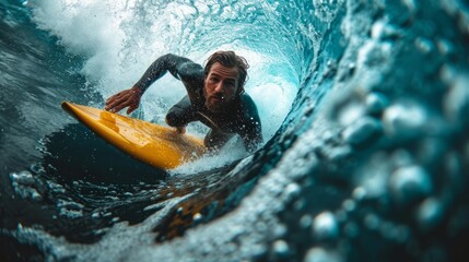 This exciting and dynamic photograph captures the skillful surfer conquering the wave with an impressive trick, showcasing the athlete's exceptional performance in riding the waves.