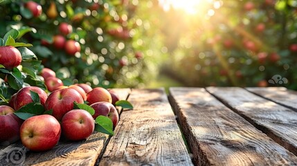 A wooden table showcases a multitude of vibrant red apples arranged in an abundant display. - obrazy, fototapety, plakaty