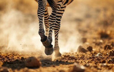 Close up shot of a zebras hooves kicking up dust