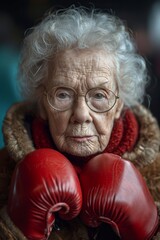 An inspiring image depicting an elderly lady in boxing gloves, symbolizing strength, resilience and determination in the face of challenges and adversity.