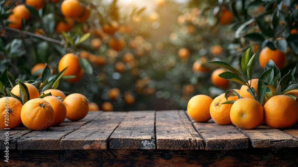 Poster a wooden table covered with a multitude of vibrant oranges, creating a scene of abundance and freshn