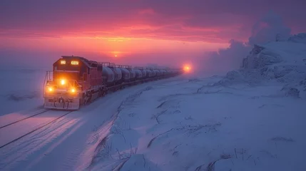 Fotobehang Northern cargo train transporting crude oil tanks for global energy trade © Dmitry