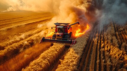 Raging fire in agricultural lands: wheat field and combine engulfed in emergency