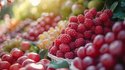 A tightly framed photograph showcasing a variety of vibrant berries, enticing with their rich colors and textures. - obrazy, fototapety, plakaty