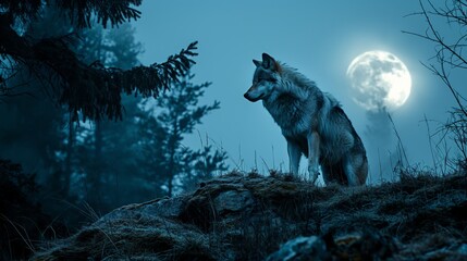 A majestic grey wolf with glowing eyes is roaming through a dark and mystical forest under an enormous blue moon in the starry night sky, creating a captivating and eerie scene.