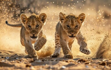 lion cubs playfully frolicking in the sand