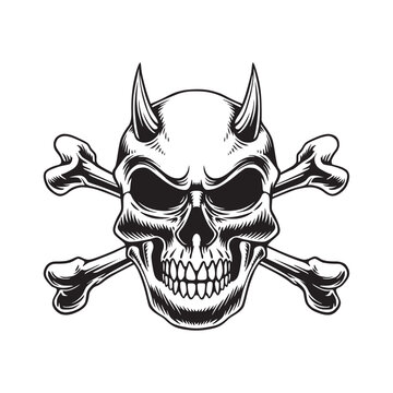 Skull in vintage style with horns. Vector illustration
