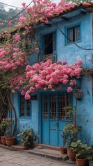 Old blue building covered in vibrant pink flowers.