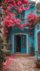 Fototapeta na wymiar Charming Blue House Adorned with Pink Bougainvillea flowers