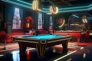 game room with a custom pool table 