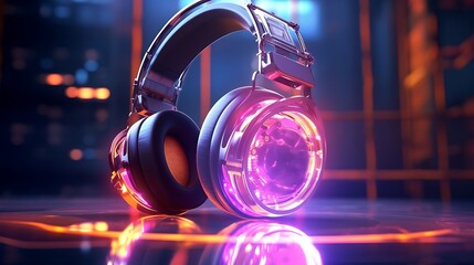 3d rendering of headphones in neon light on dark background