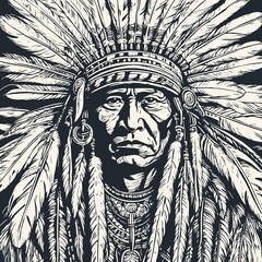 Head of an Indian chief wearing a feather headdress, Vector illustration	 - 720566396