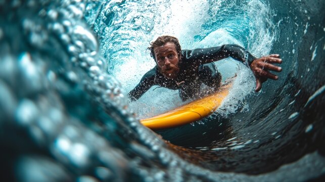 An exhilarating and dynamic image of a surfer showcasing their skill and agility as they conquer the waves with complex and agile tricks, demonstrating the athlete's mastery of wave riding.