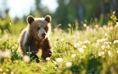 A grizzly cub playfully frolicking in a meadow - obrazy, fototapety, plakaty