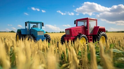 Fototapeta premium The combine is harvesting. Toy tractor in the field of cereals. Illustration for cover, card, postcard, interior design, banner, poster, brochure or presentation.