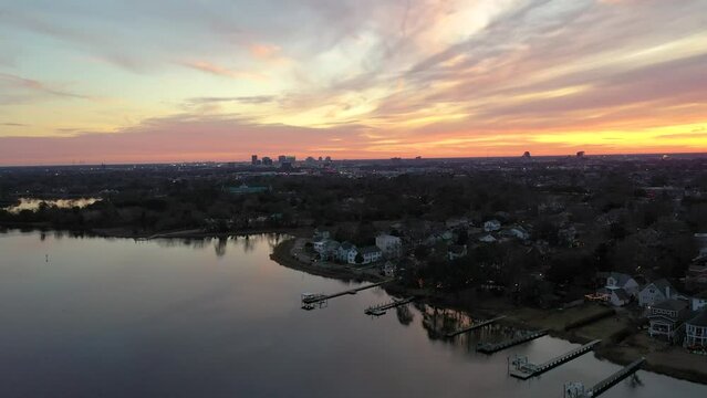 Aerial View of Norfolk Virginia From the Lafayette River at Sunset