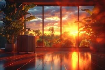 Warm sunset seen through a window, reflecting on a shiny floor with plants silhouetted. , sunset in the hotel