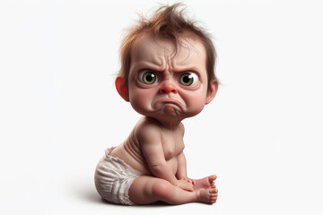 full body Funny Portrait of surprised angry sitting newborn baby with dirty diaper with bulging big eyes. ai generative