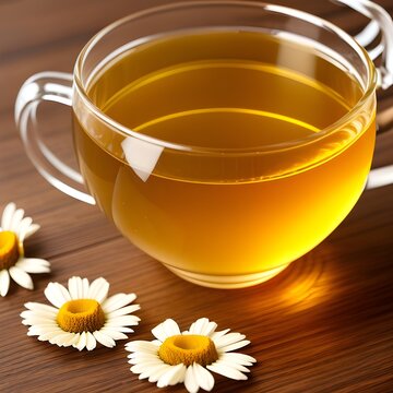 Fantasy generative AI chamomile tea. Cup of chamomile tea with chamomile flowers.