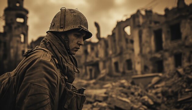 Dusk of Desolation: A Sepia-Toned Image - A Soldier Amidst a Ruined City at Dusk, Poignantly Highlighting the Futility and Sorrow of War.





