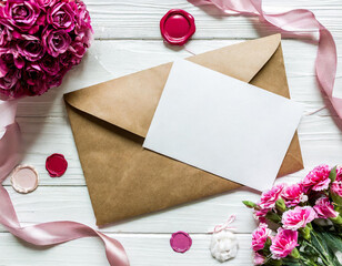 Envelope and card near pink decorations, seals and silk ribbons on white table top view, wedding mockup
