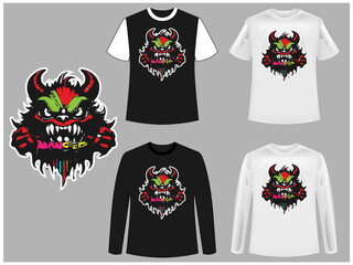 Monster typography illustration t-shirt design vector concept.T-shirt Celtic wolf.Vector ramen monster illustration t-shirt and apparel printing design.Halloween skull t shirt design concept
