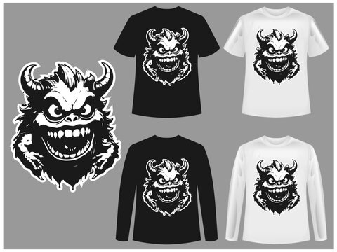 Monster typography illustration t-shirt design vector concept.T-shirt Celtic wolf.Vector ramen monster illustration t-shirt and apparel printing design.Halloween skull t shirt design concept
