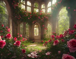 Fototapeta na wymiar Mystical Abandon with Roses Sprawling in Solitude