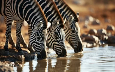 Foto op Canvas zebras taking a refreshing drink at a watering hole © sitifatimah