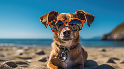 A dog wearing a hat and sunglasses on the beach. Summer vacation with pets