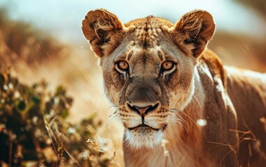 Obraz premium Close up shot of lioness on the hunt focused and determined