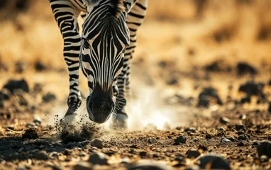 Zelfklevend Fotobehang Close up shot of a zebras hooves kicking up dust © sitifatimah