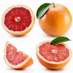 Set of fresh slices grapefruit. Grapefruit isolated. Collection of grapefruit slice, half on white.