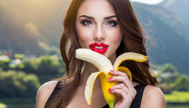 Sexy woman with red lips liking banana