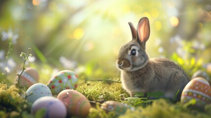 Fototapeta na wymiar easter rabbit in a peaceful garden forest surrounded with easter decorated eggs