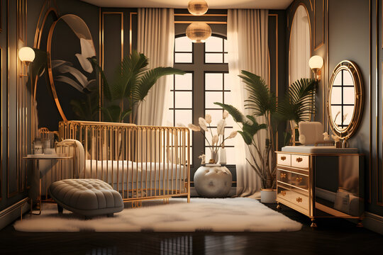 nursery room with a gilded crib mirrored