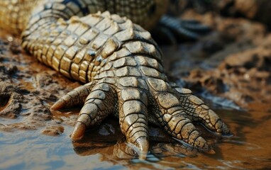 Fototapeta premium shot of a crocodile claws gripping onto a riverbank