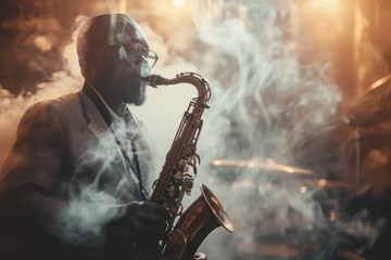 Jazz Revival A contemplative jazz musician playing a saxophone in a smoke-filled setting - obrazy, fototapety, plakaty