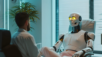 a humaoid ai, looking relaxed and friendly performing psychiatric services in an office, - obrazy, fototapety, plakaty