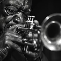 Black and white image capturing the intense focus of a trumpet player Jazz Revival