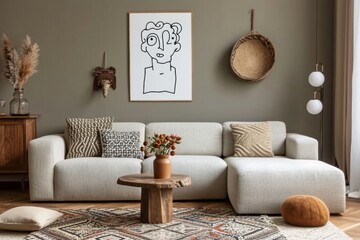 Interior design of cozy living room with stylish sofa, coffee table, dired flowers in vase, mock up poster, carpet, decoration, pillows, plaid and personal accessories. generative ai.