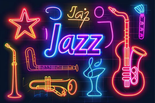 A collage of neon signs featuring jazz instruments and symbols