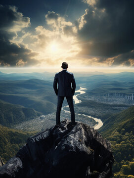 A male executive perched on a rocky cliff, gazing out at the expansive view below, signifying a leader's ability to see the bigger picture in the business world. 