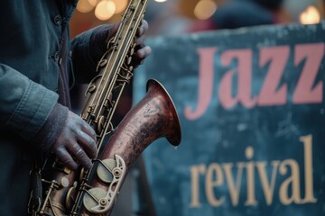 Close-up of a saxophonist's hands with a 'Jazz revival' sign in the background Jazz Revival