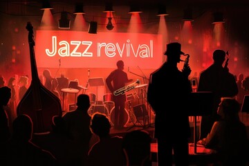 Silhouetted jazz musicians performing on a club stage with 'Jazz revival' in glowing red