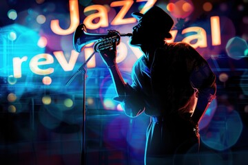 Jazz Revival A trumpeter playing passionately with 'Jazz revival' neon sign in vibrant colors