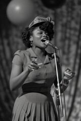 Black and white image of a jazz singer performing at a 'Jazz revival' festival