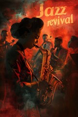 Artistic rendering of a saxophonist with dynamic 'Jazz revival' background