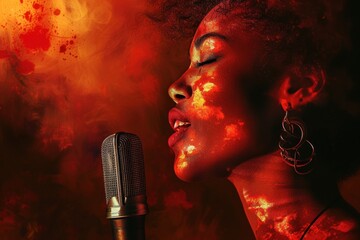 Jazz singer with microphone on a vintage stage, 'Jazz revival' backdrop