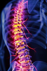 Digital illustration of a human spine with highlighted nerves radiating with pain